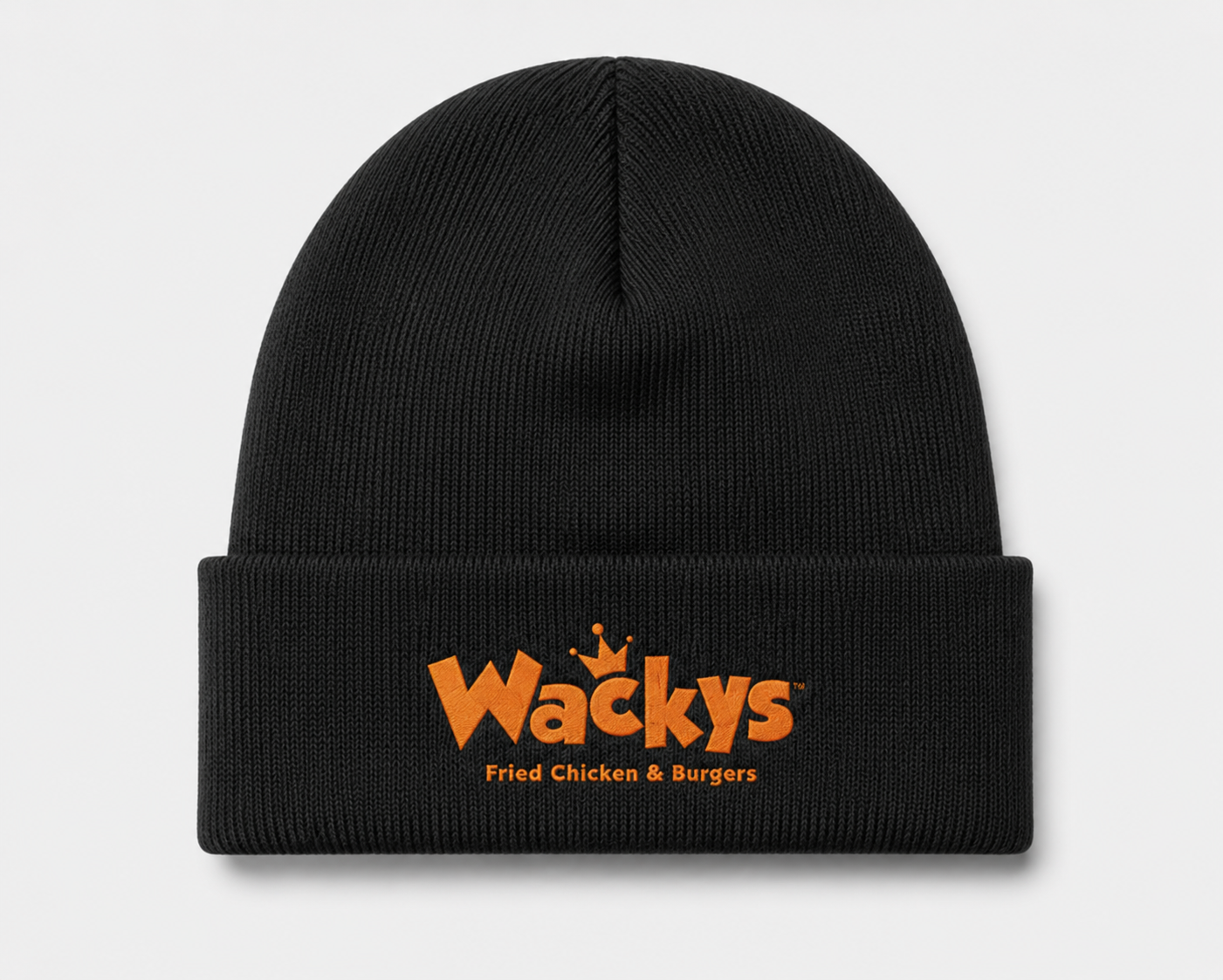 Black beanie with orange 'Wackys' logo 